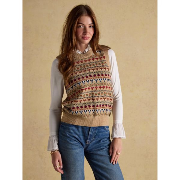 Woodland Oatmeal Cotton-Rich Intarsia Crew Neck Knitted Vest