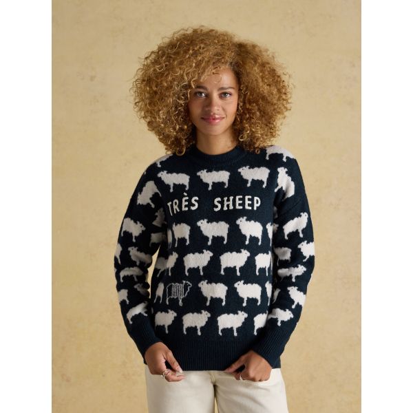 Intarsia Knitted Tres Sheep Relaxed Fit Jumper with Crew Neck