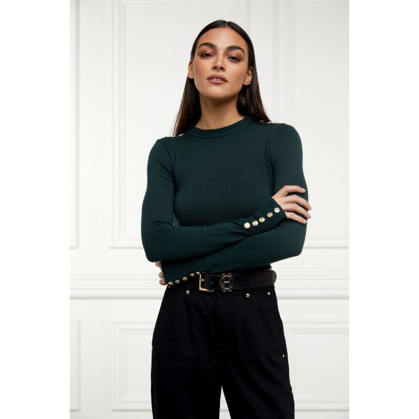 Button Knit Crew Neck (Deep Emerald)