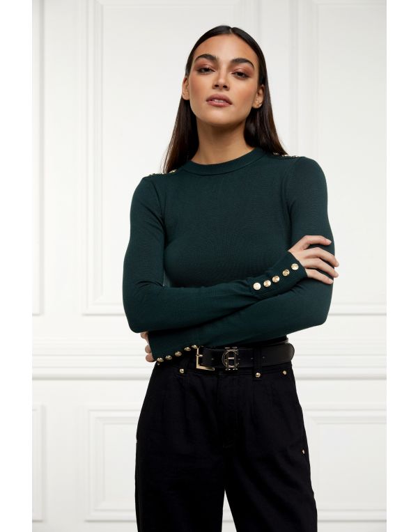 Button Knit Crew Neck (Deep Emerald)