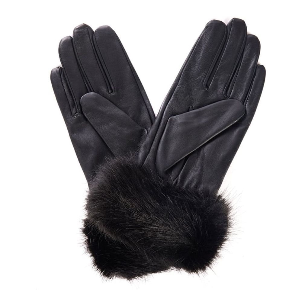 Barbour Black Fur Trimmed Leather Gloves LGL0043